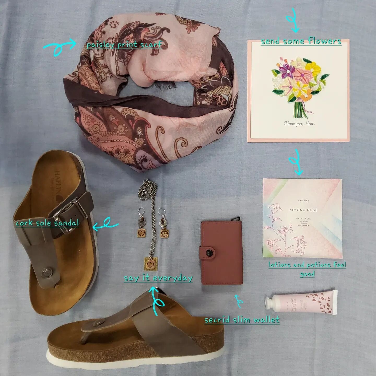 Get set for Mother,s Day
#scarves #cards #bathsalts #body lotion #sandals #wallets #jewellery #secridwallet #vfraasscarves #karleysmithjewellery #haflingersandals  #corksolesandal #thymes #kimonorose #goldleafgardenia  #shopsmallboutiques