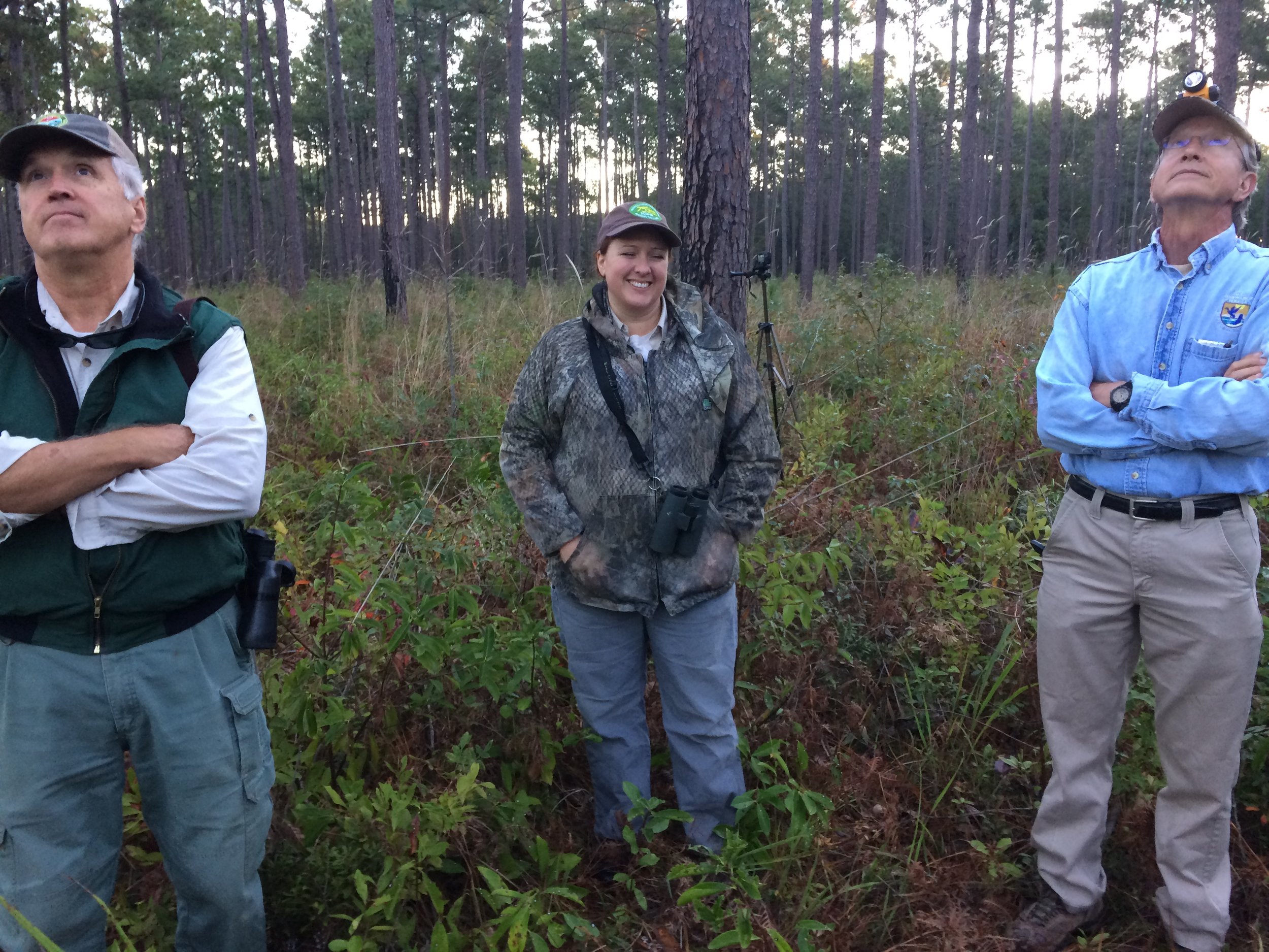 Watching and waiting...Harrigal, Causey and McDearman share a light hearted moment while keeping an eye on the nest cavities and waiting for the ideal moment to release the birds.