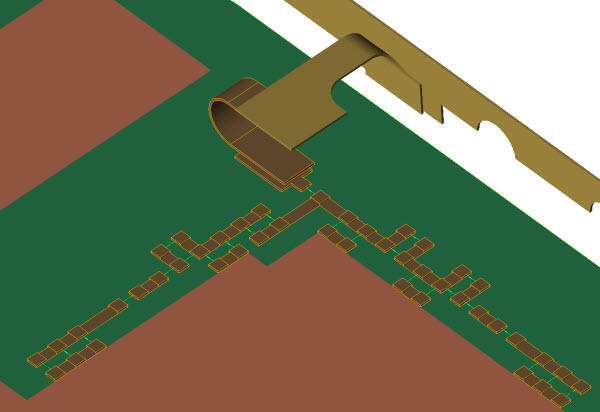Matching network for a dual band antenna. Circuit elements for optimization connect copper pads.