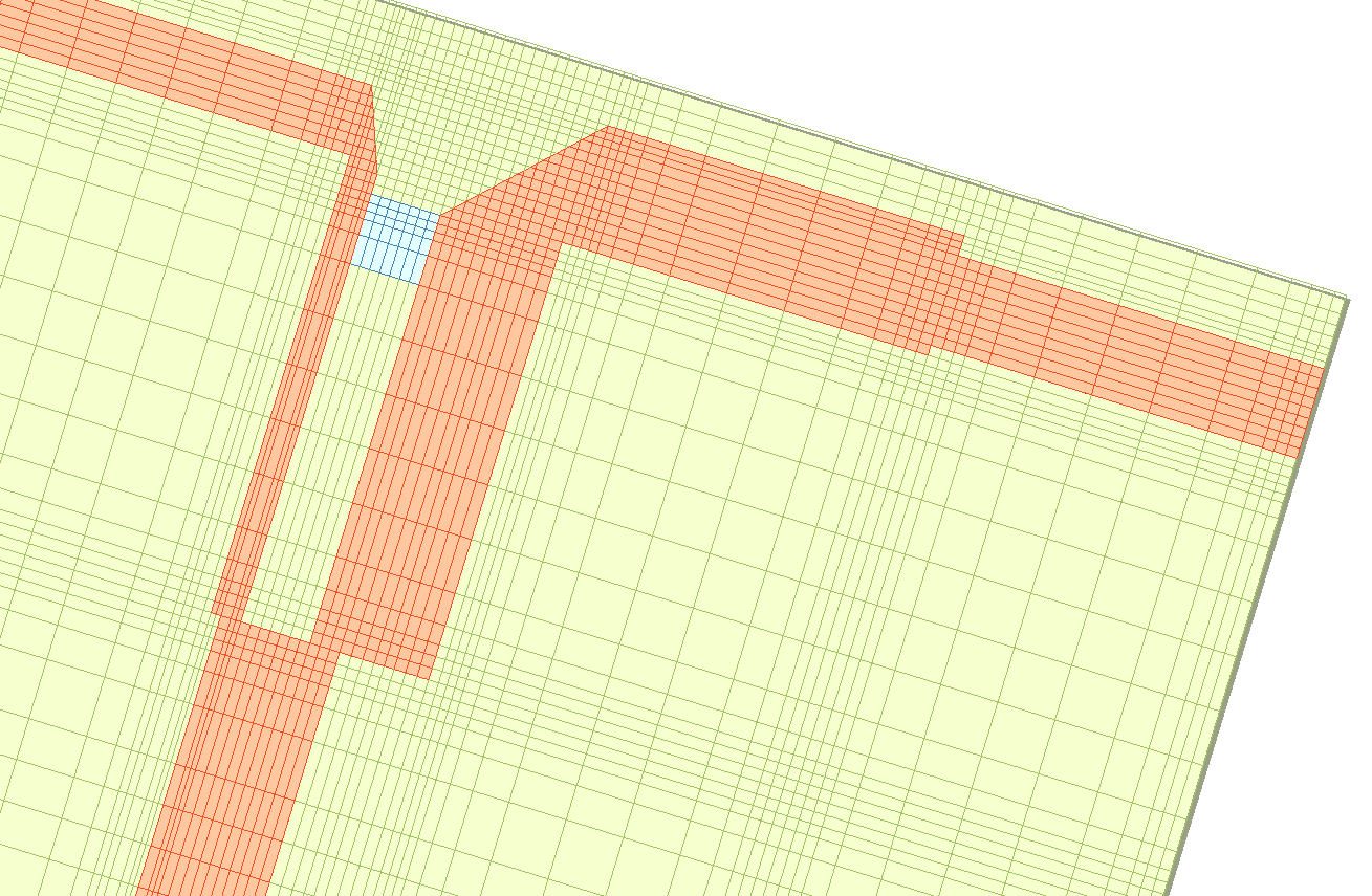 The algorithm refines the grid around the discontinuities in the copper trace.