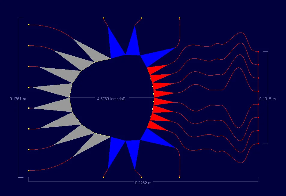 Figure 3: Shown is the Rotman lens as designed on a 0.127 mm substrate. Note the very thin transmission lines
