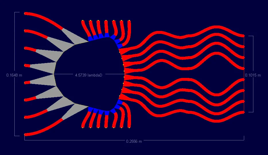 Figure 10: Shown is the revised design of the Rotman lens on a 1.524 mm substrate. This lens has smaller dummy ports which aided in the lens layout and has longer array transmission lines that allow for a better layout of the lines