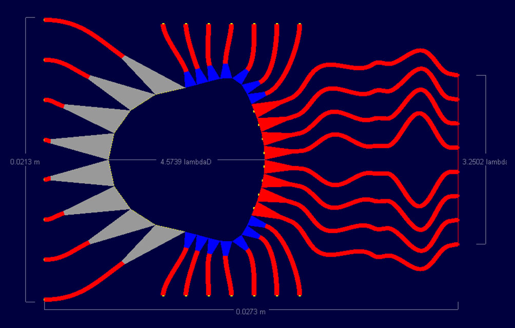 Figure 9: Shown is the lens designed in RLD for the 76.8 GHz lens on a 0.127 mm thick substrate of dielectric constant 3.0. Here the high frequency, thicker substrate size, and lower dielectric constant cause the transmission lines to be quite thick. This makes the line layout difficult resulting in longer array transmission lines to fully resolve the curves and preserve the correct electrical length. The dummy port size is also reduced to aid in the line layout and avoid the dummy lines being too close to the array lines.