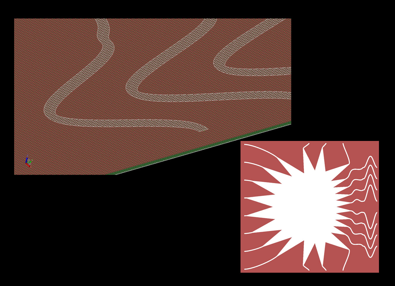 Figure 5: This is an example of the Rotman lens after importing into the full wave solver, XFdtd. The inset figure to the right shows a top view of the lens similar to that shown in the RLD software. The left image shows a detail of the FDTD mesh and the finite thickness of the underlying substrate. The XACT conformal mesh feature is used on this structure, including the transmission lines shown