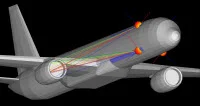 Co-site interference simulation finds the strongest propagation paths between two patch antennas mounted on the exterior of a Boeing 757.