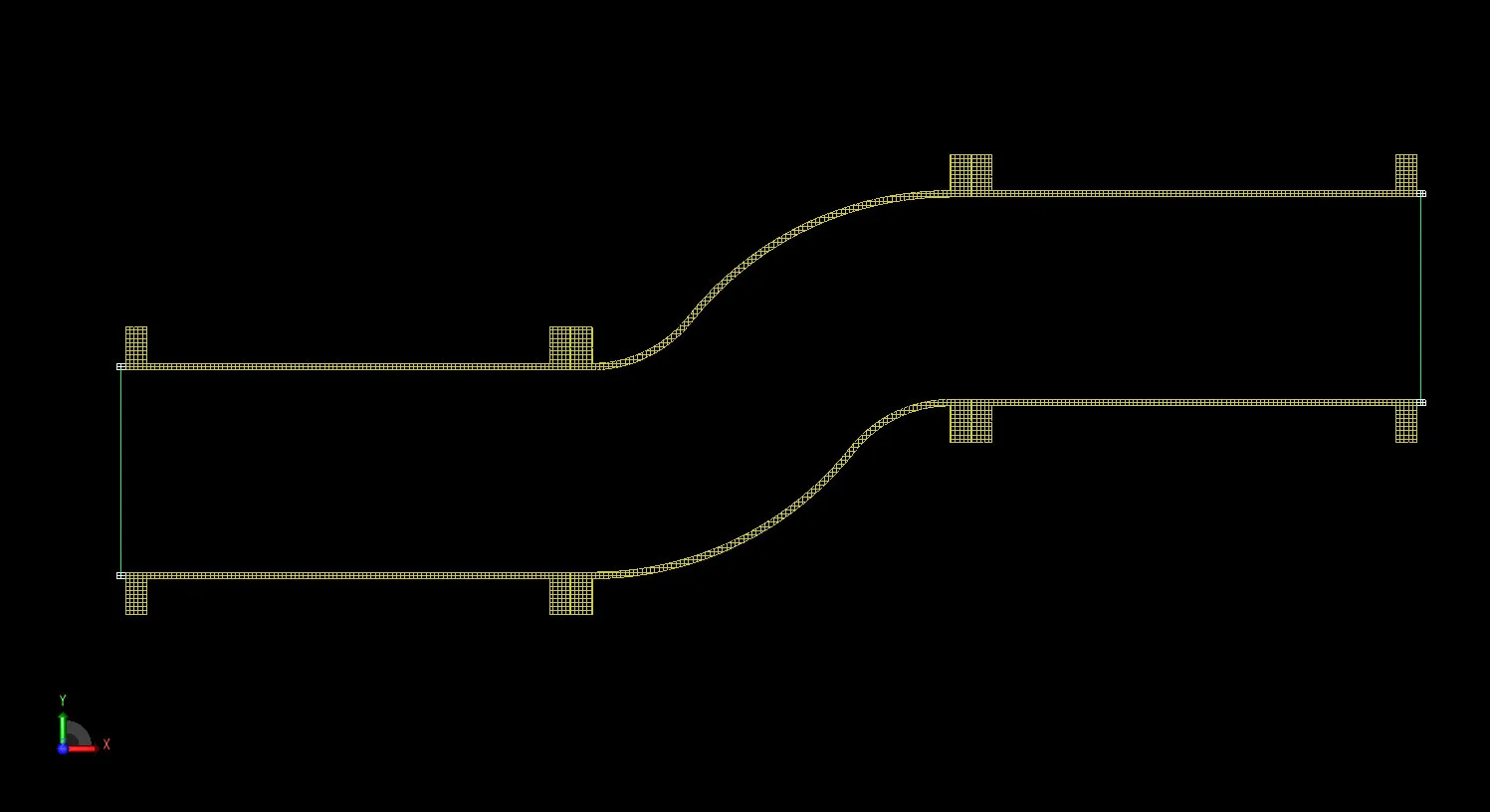 Figure 2 Cross sectional view of the XFdtd mesh of the dual bend geometry.