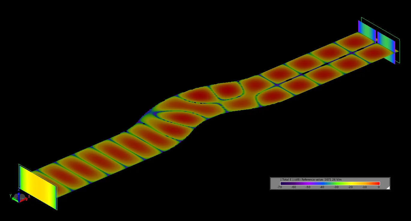 Figure 8 The steady-state electric field distribution at the ports and inside the tri-bend mode converter at 8.5 GHz.