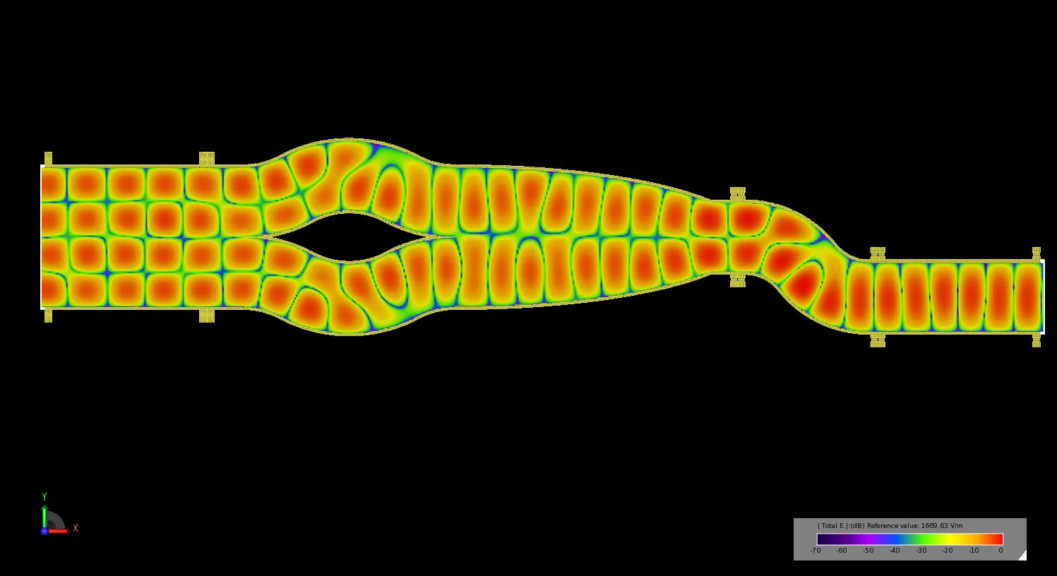 Figure 15 Transient electric field propagation in the multi-mode converter showing the complete path of the TE40 fields through the tri-bend and dual bend mode converters to the output port where they emerge as TE10.