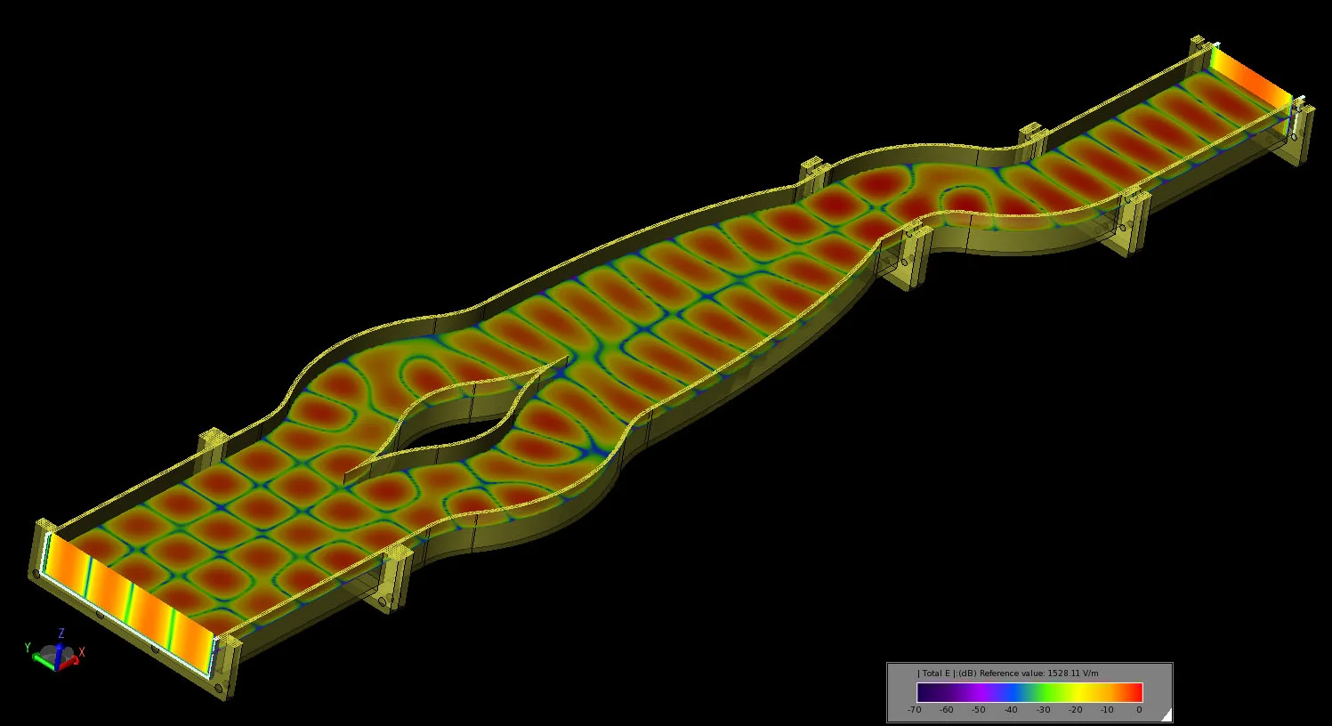 Figure 16 The steady-state electric field distribution at the ports and inside the multi-mode converter at 8.5 GHz.