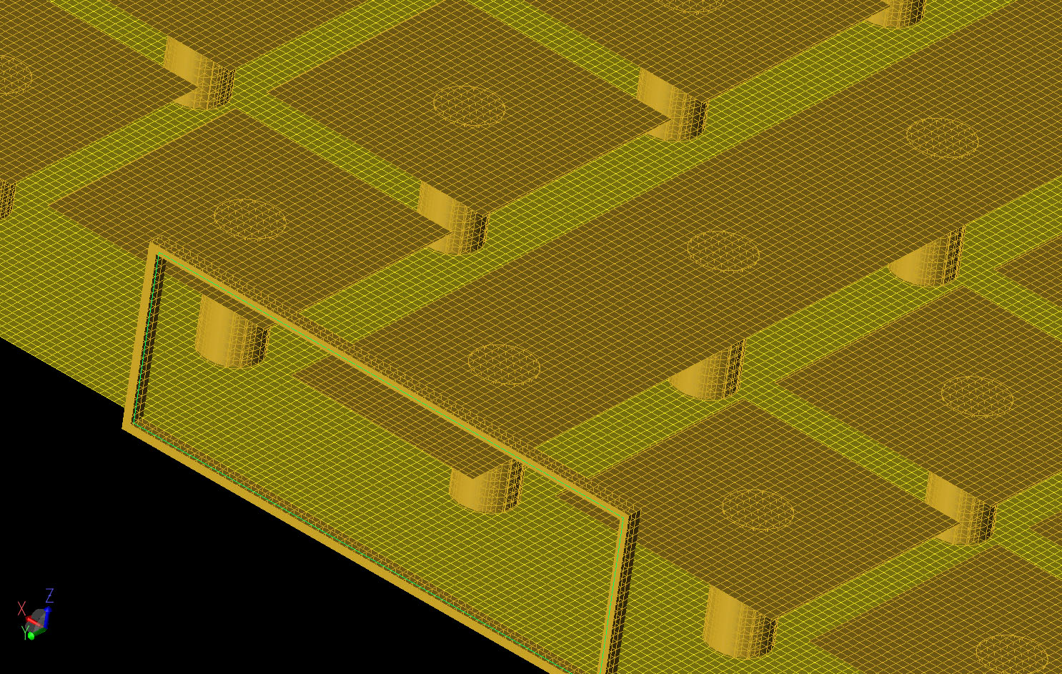 Figure 3 A three-dimensional view of the XFdtd mesh of the device near one of the ports. The box and substrate have been removed in this view to show the interior detail.