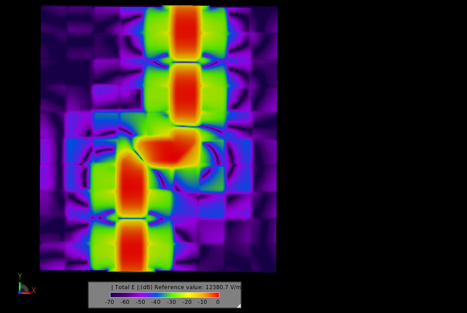 Figure 7 The steady state electric field distribution at 9 GHz in the center of the air region between the EBG surface and the metal lid of the box. The fields are shown to be tightly constrained to the microstrip region.