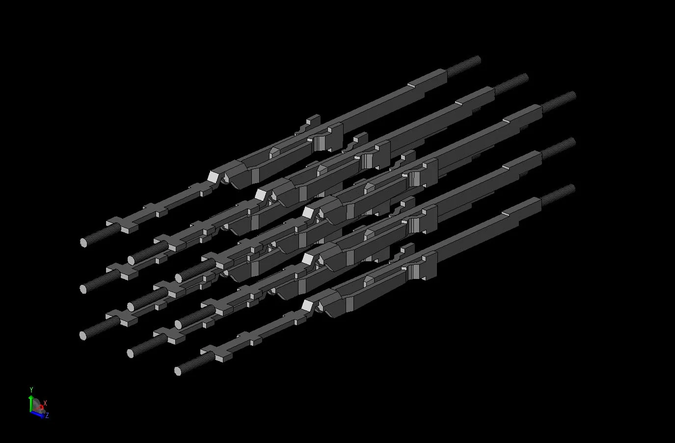 Figure 3 CAD view of the connector with only the pins visible. As can be seen, the pins meet in the center in male and female parts.