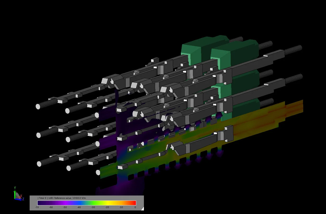 Figure 7 Transient electric field in a cross-sectional cut of the connector as the field is spreading beyond the output port to the adjacent ports.