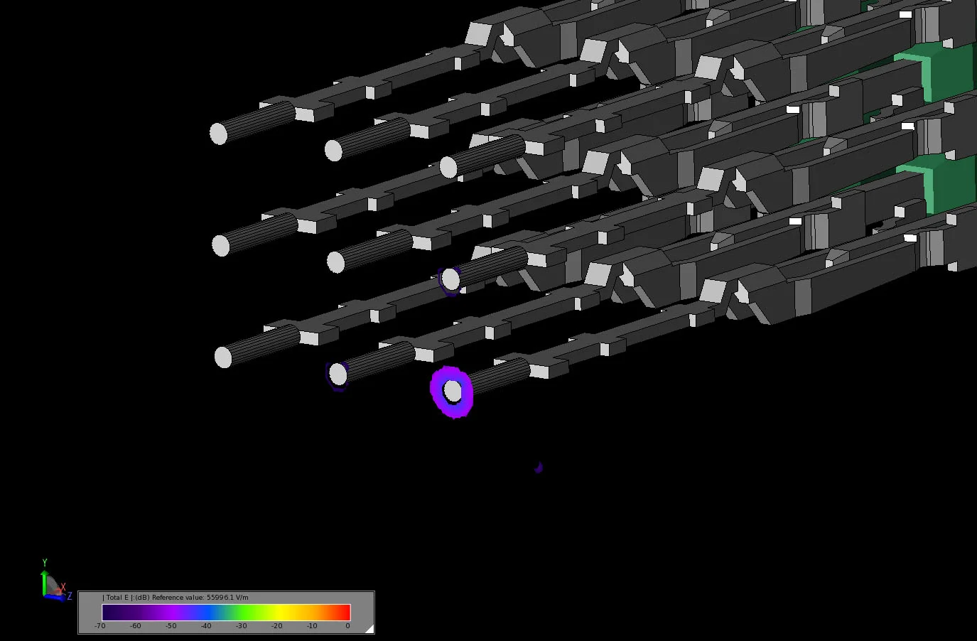 Figure 9 Transient electric field in a cut through the output port plane of the connector as the field is just reaching the output port.