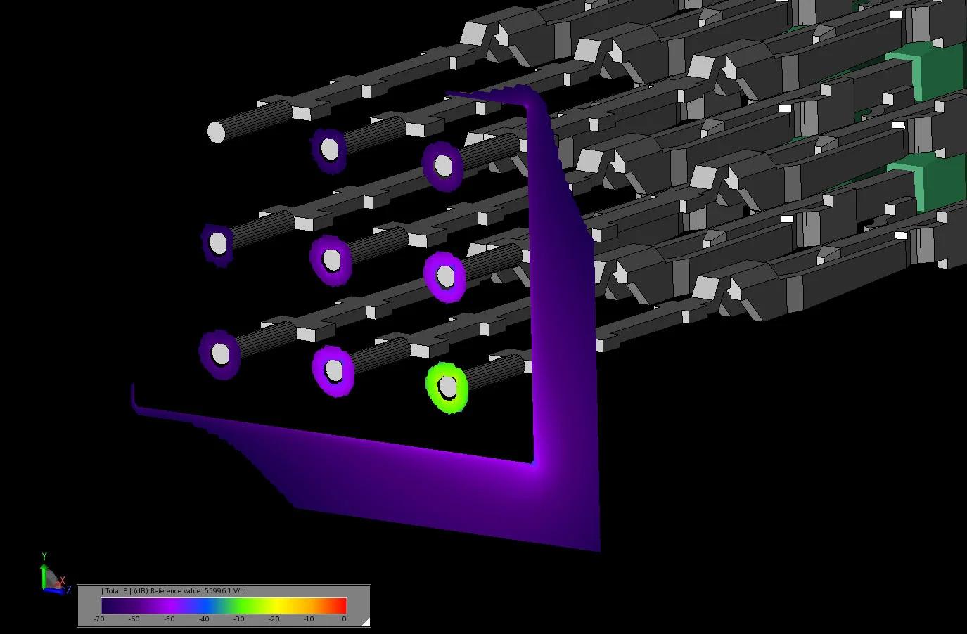 Figure 10 Transient electric field in a cut through the output port plane of the connector as the field is spreading beyond the output port to the adjacent ports.
