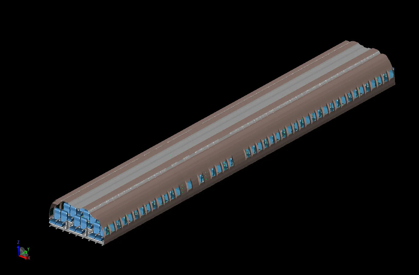Figure 1 Three-dimensional CAD view of the aircraft cabin with some exterior surfaces removed.