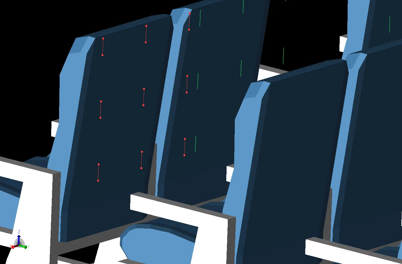 Figure 3 The 3x3 grid of sensor locations defined as dipoles is shown behind one of the seat back locations. The sensor grids are located behind the seats in every other row of the cabin for the first three columns of seats.