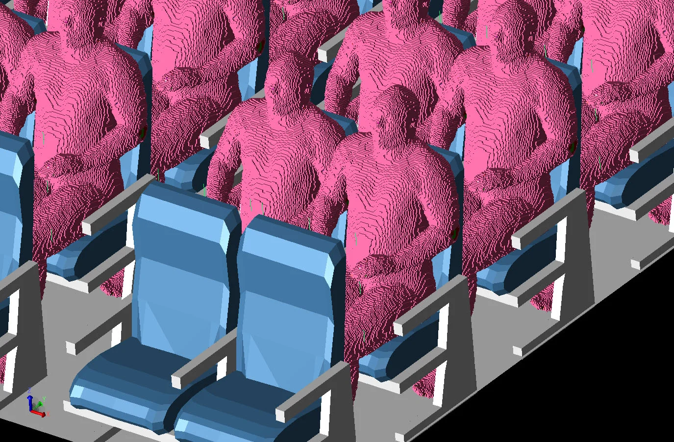 Figure 4 Three-dimensional view of the aircraft cabin with some of the positioned VariPose men in the seats. All seats in the aircraft except the first and last rows have the men seated in them.