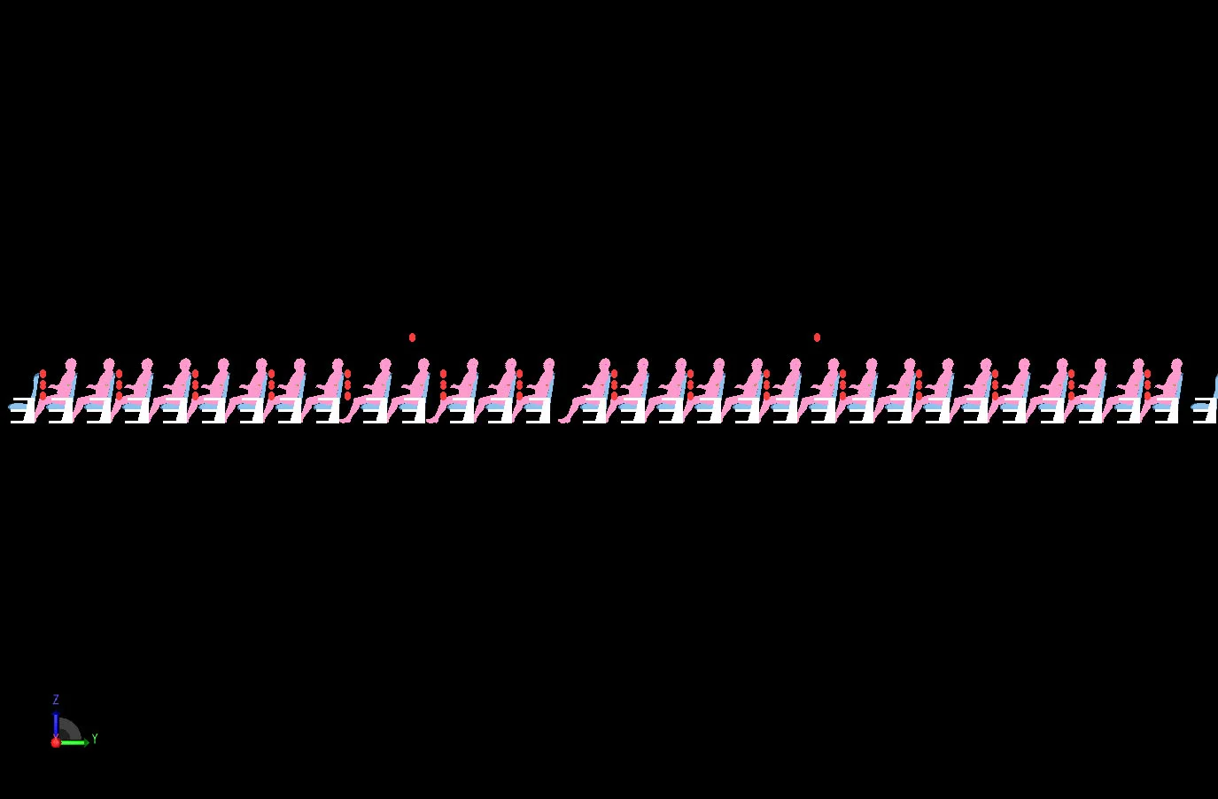 Figure 6 In this side view, the men are shown positioned in the seats and the sensor arrays used for collecting the S-parameter data are shown as red ovals. The two transmitting antennas are at the ceiling level.
