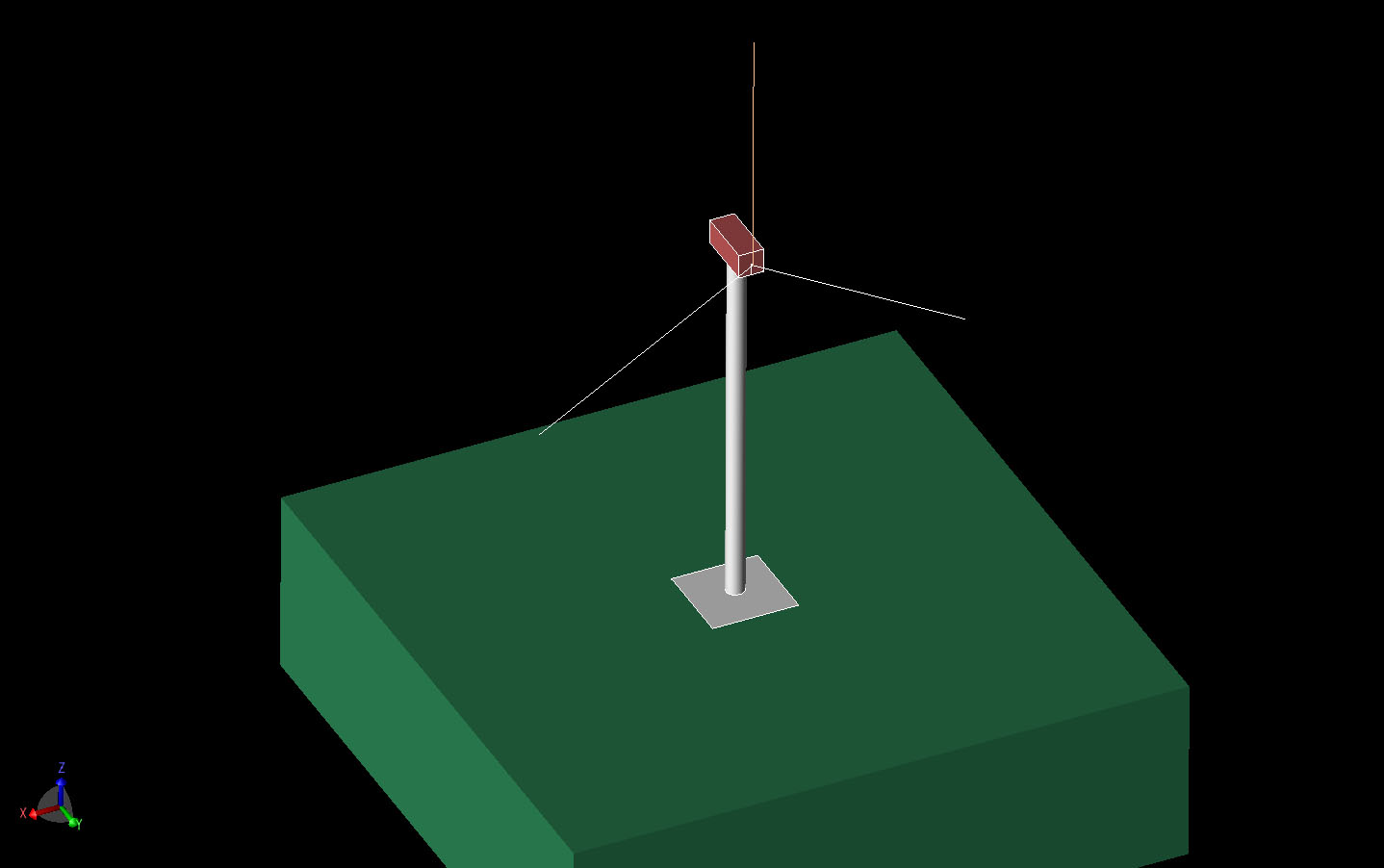 Figure 1 Three-dimensional CAD view of the wind turbine tower above a lossy ground. The tower is 60 meters high with each blade 40 meters long. The vertical axis is Z and the long axis of the nacelle is Y.