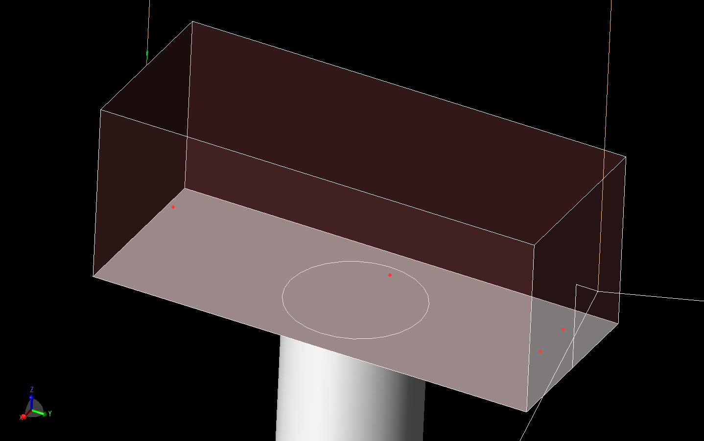 Figure 3 The interior sample points are shown in relation to the nacelle geometry. Three of the points are in a line from front to back inside the nacelle.