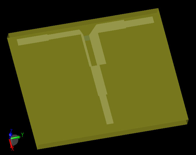 Figure 1 Wilkinson divider including substrate, stripline, isolation resistor, and waveguides interfaces.