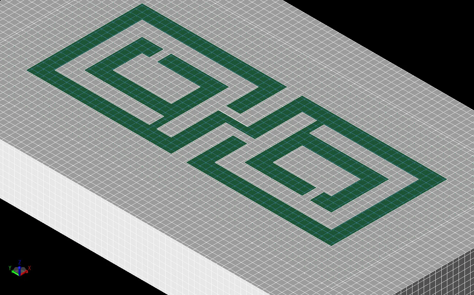 Figure 1 A CAD representation of the cavity-backed antenna. The white material represents the metal layers while the green color is the dielectric substrate under the slots.