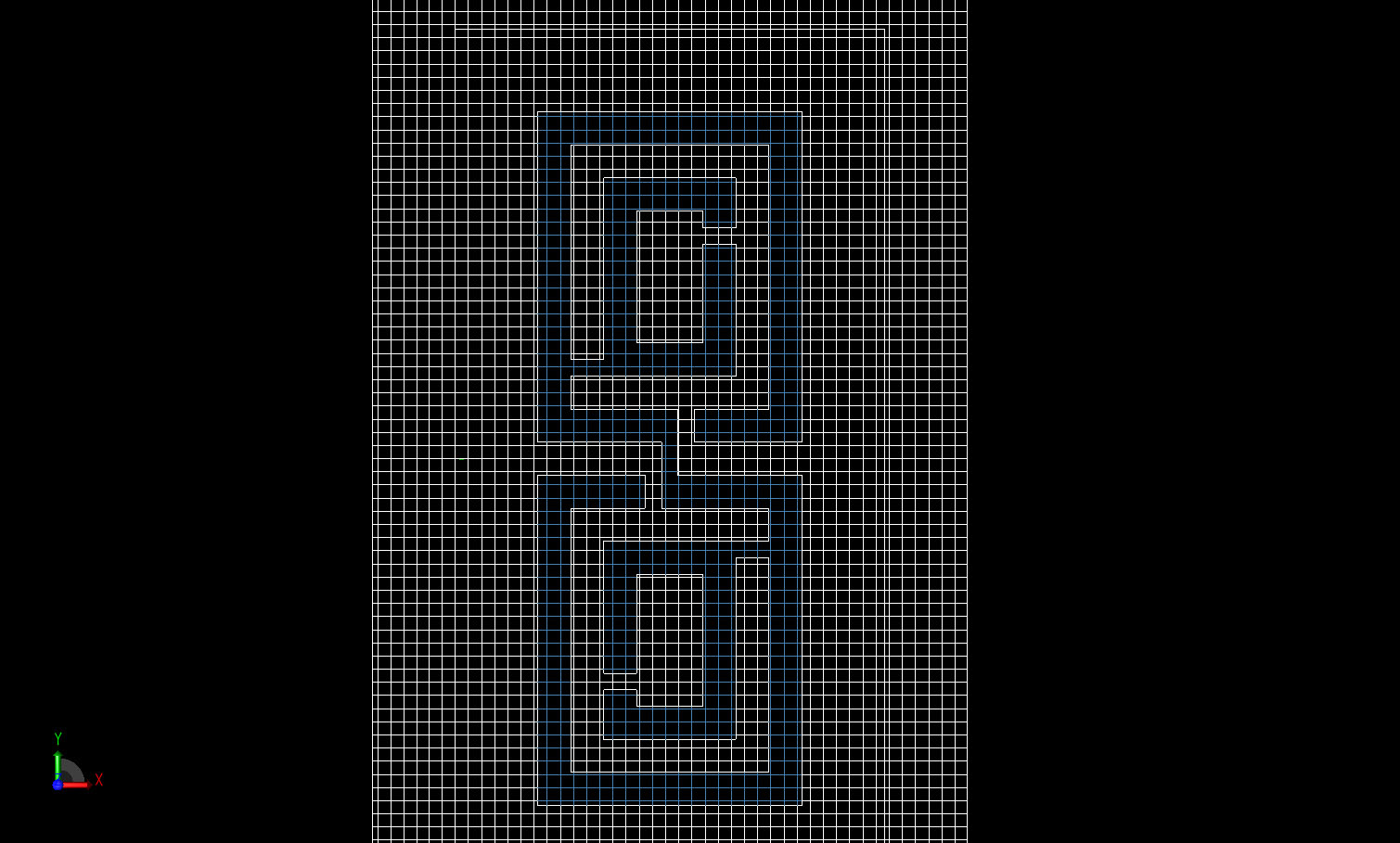 Figure 2 A two-dimensional cut of the XFdtd 7 mesh of the antenna in the plane of the slots. Visible are the XACT-adjusted cells which perfectly conform to the edges of the CAD model.