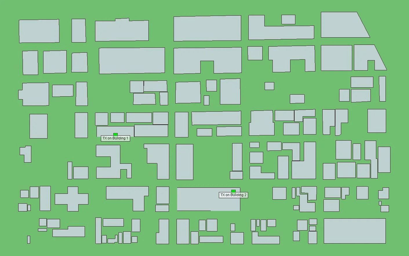 Figure 1 Transmitter locations within an urban environment represented by green boxes.