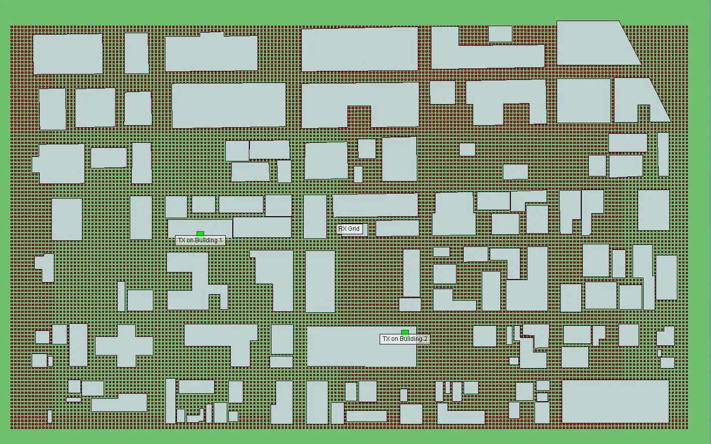 Figure 2 Receiver locations within urban environment represented by red boxes.