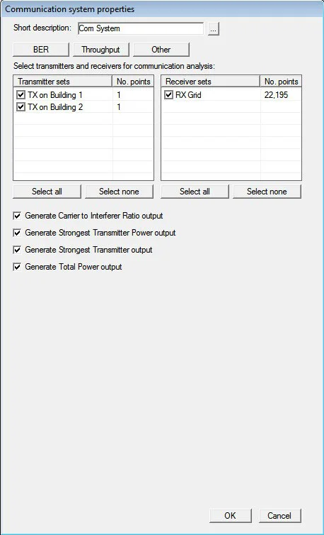 Figure 3 The Communication System Properties window within Wireless InSite.