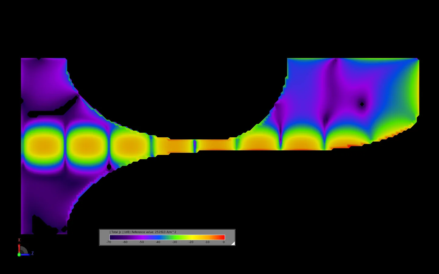 Figure 9 Steady state conduction currents on the outer element of the antenna at 10 GHz.