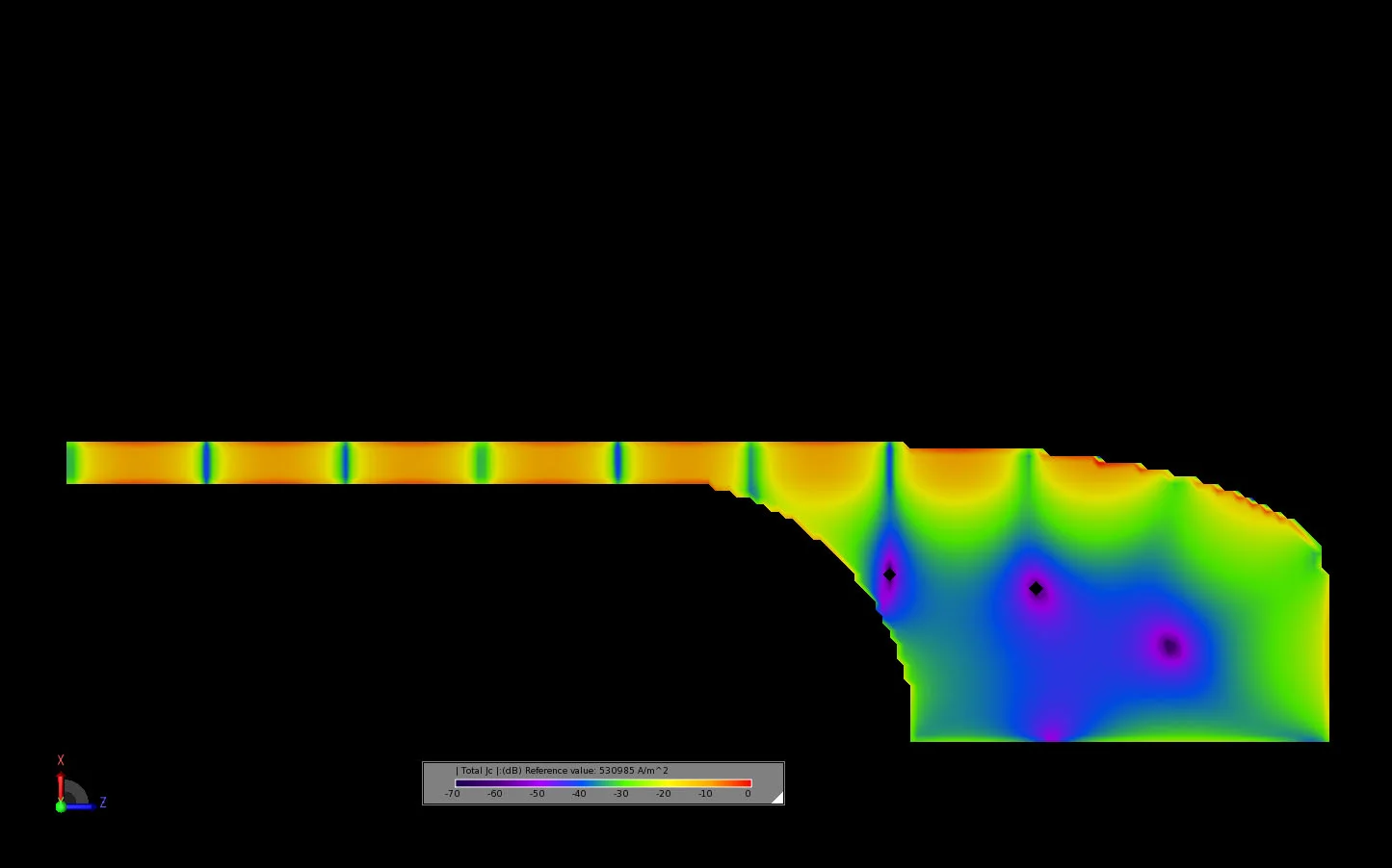 Figure 10 Steady state conduction currents on the outer element of the antenna at 10 GHz.