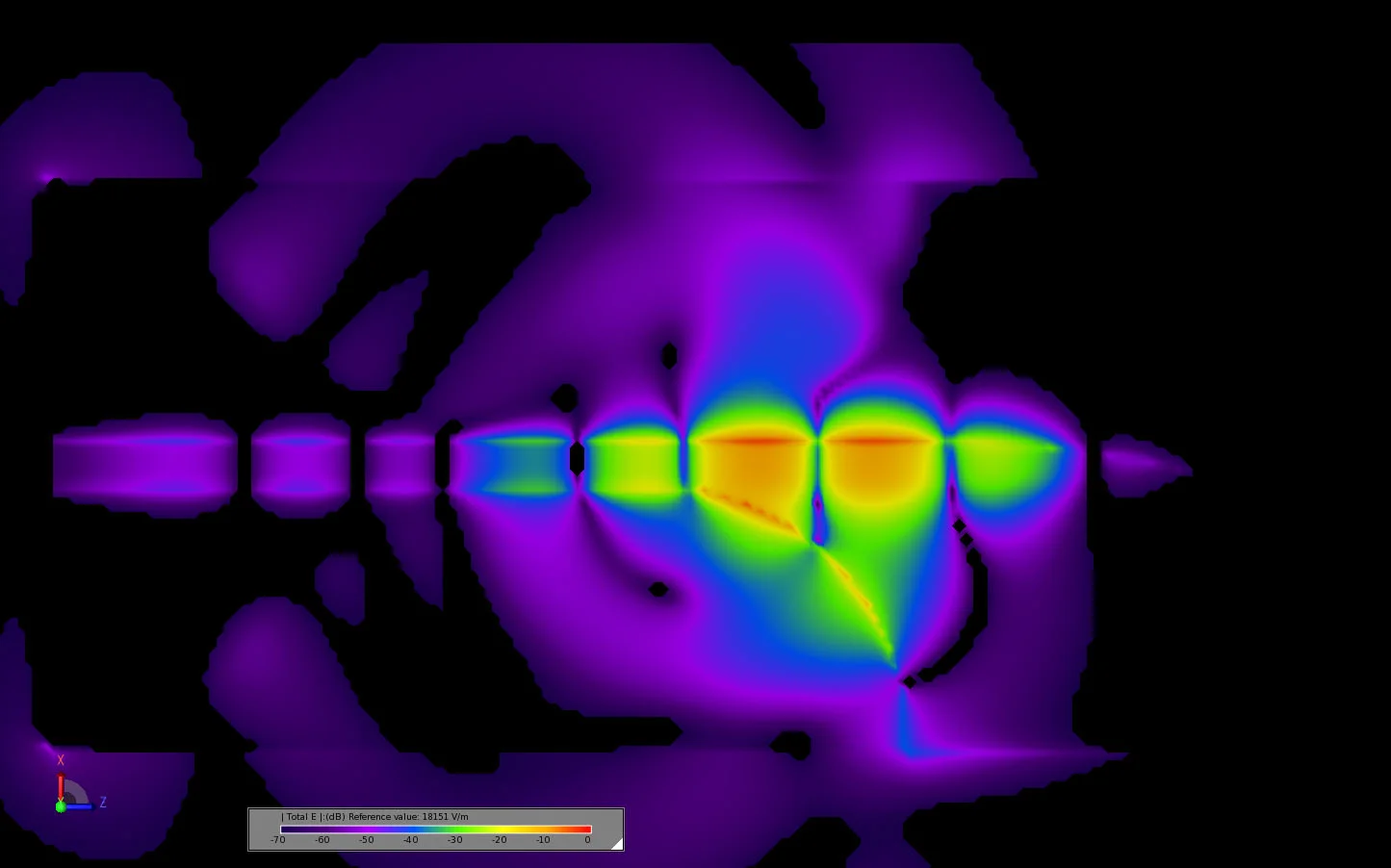 Figure 13 Transient electric field distribution at the center of the antenna at 0.524 ns.
