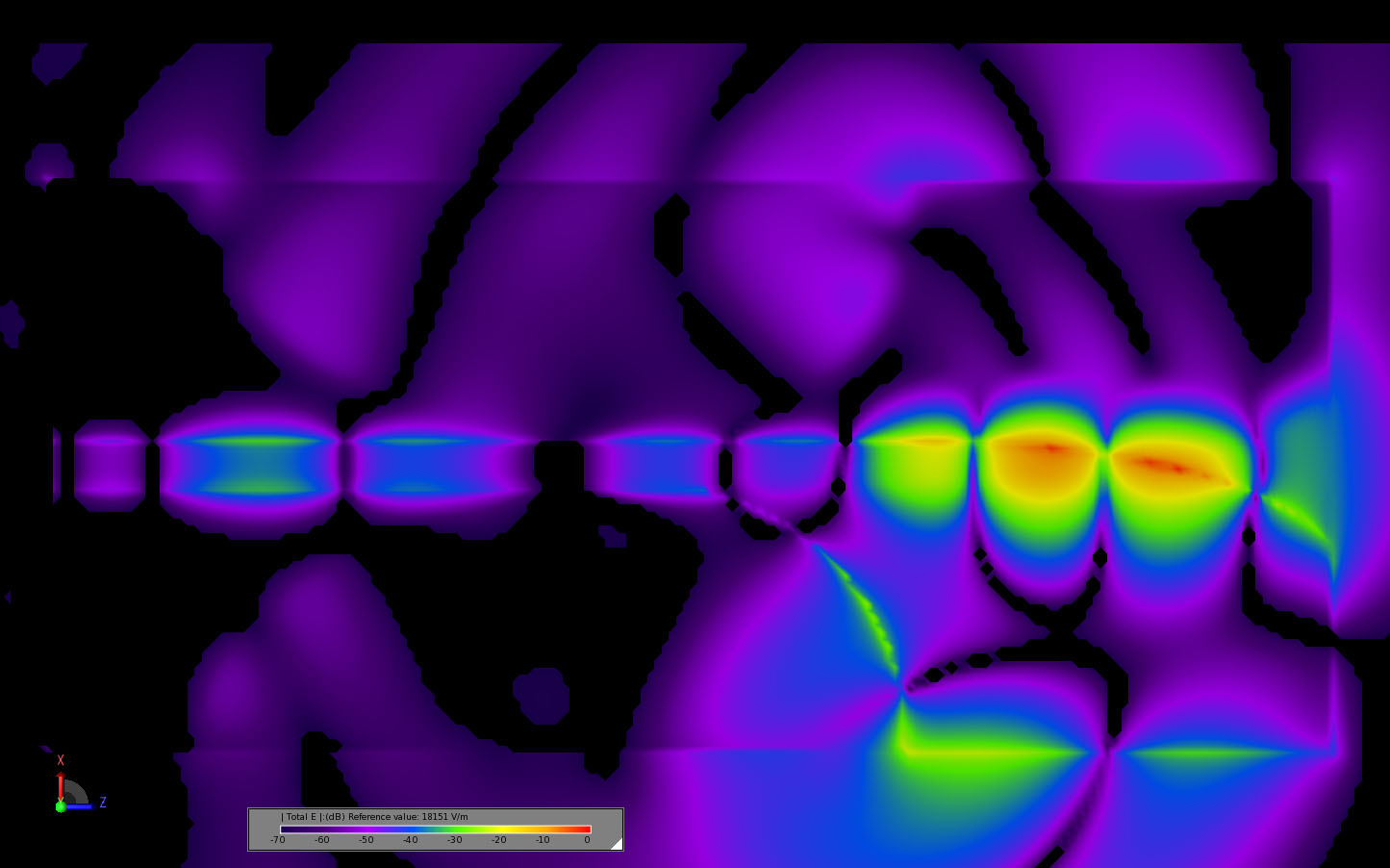 Figure 14 Transient electric field distribution at the center of the antenna at 0.628 ns.