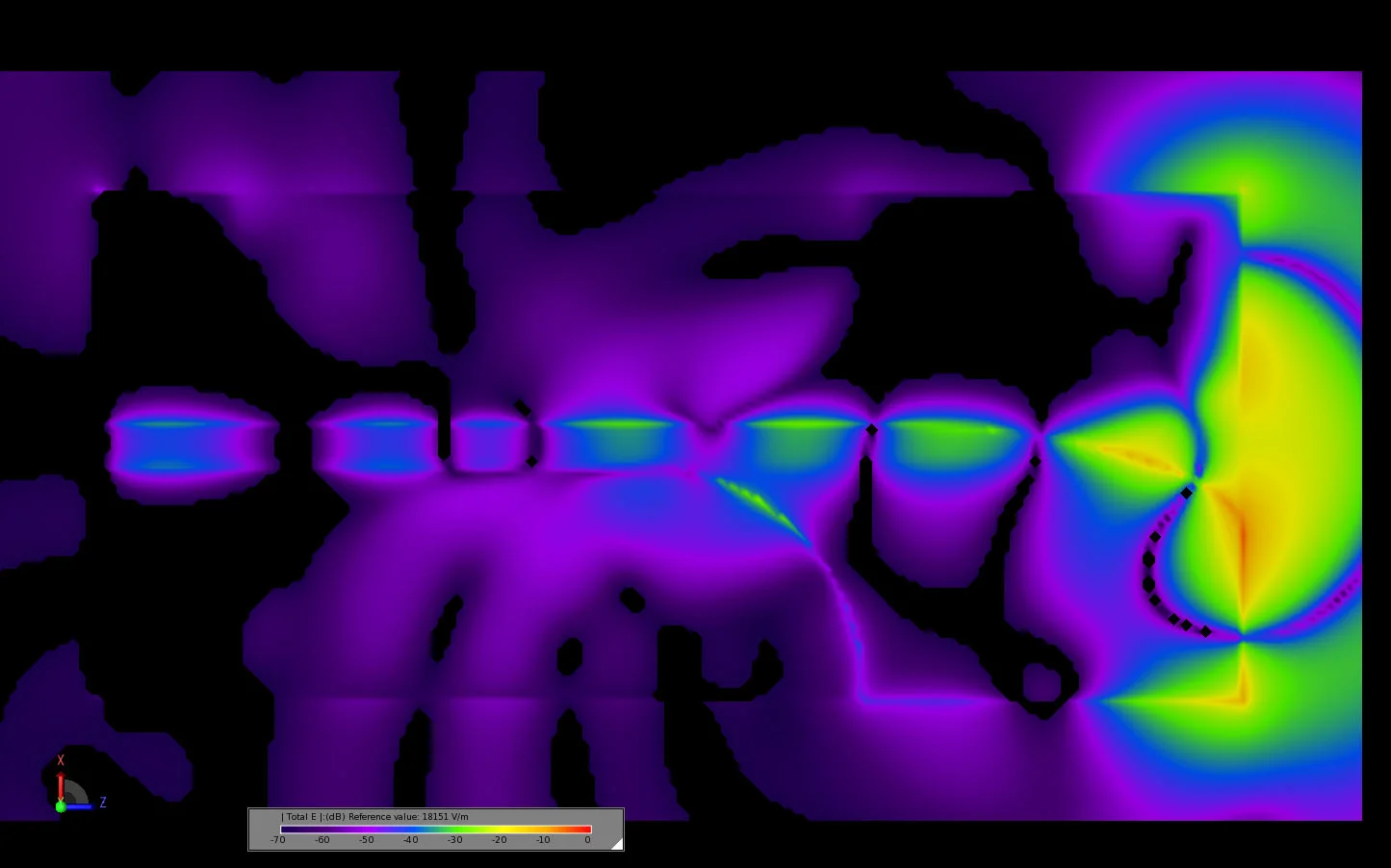 Figure 15 Transient electric field distribution at the center of the antenna at 0.733 ns.