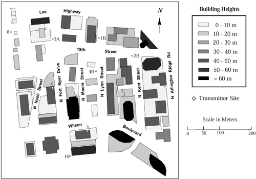 Figure 1: Plan View of the High-rise of Rosslyn Showing Many of the Transmitter Sites.