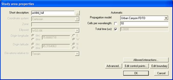 Figure 3. Study area properties window for the UCFDTD run.