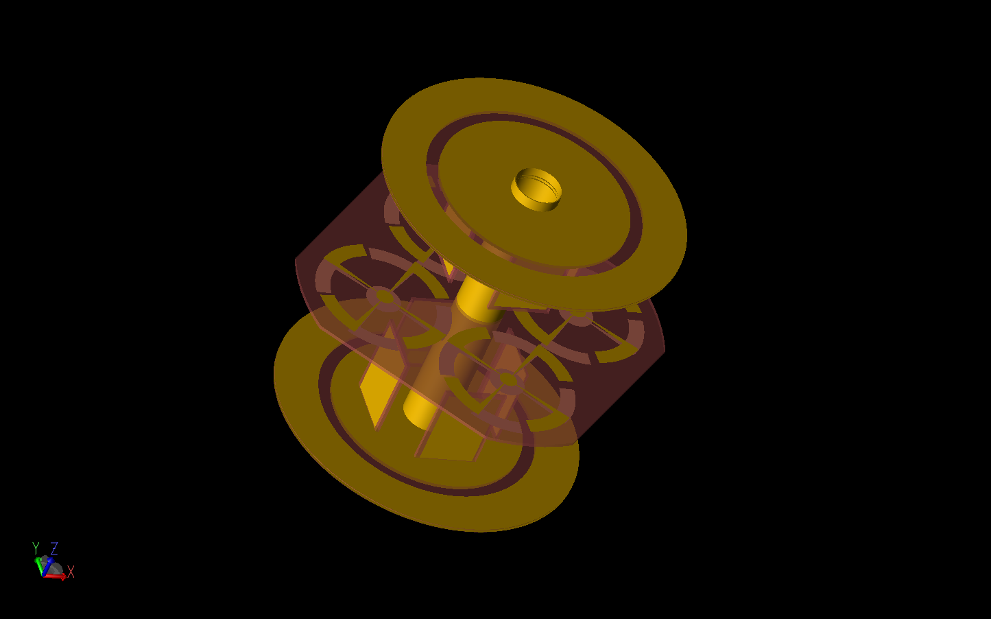 Figure 1: Shown is a three-dimensional CAD representation of the antenna array with electric monopole arrays above circular ground planes at the top and bottom of the device and a flat, four-element, magnetic dipole array at the center. The gold material represents copper while the red material is FR-4.