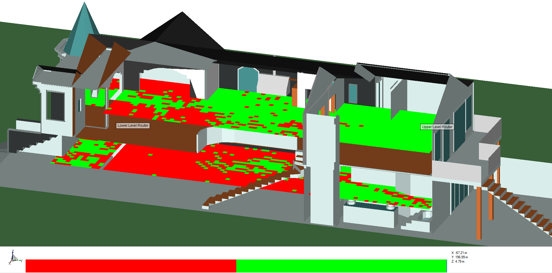 Figure 8: Identification of the router that provides the highest power to the receiver location. Red indicates the lower level transmitter and green indicates the upper level transmitter.