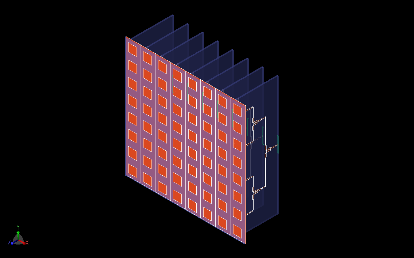 Figure 8: Shown in the figure is the three-dimensional CAD representation of the 8x8 patch antenna array and the eight Wilkinson power dividers that attach to the antennas. Here the Rotman lens has been replaced by eight input waveguide ports on the first stage of the Wilkinson power dividers.