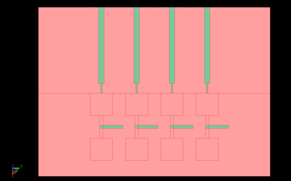 Figure 1: Shown is a top view of the antenna array with the substrate layers shown in red and the metal feed lines and parasitic elements in green. The patches are shown as outlines because they are covered by a second substrate layer.