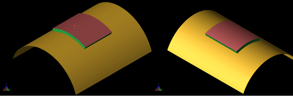 Figure 7: The patch is shown in a curved configuration where the curve radius is 40 mm. At the left (7a) the curvature is around the X axis while at the right (7b) it is around the Y axis. Similar geometries were simulated for a curvature of 80 mm radius.