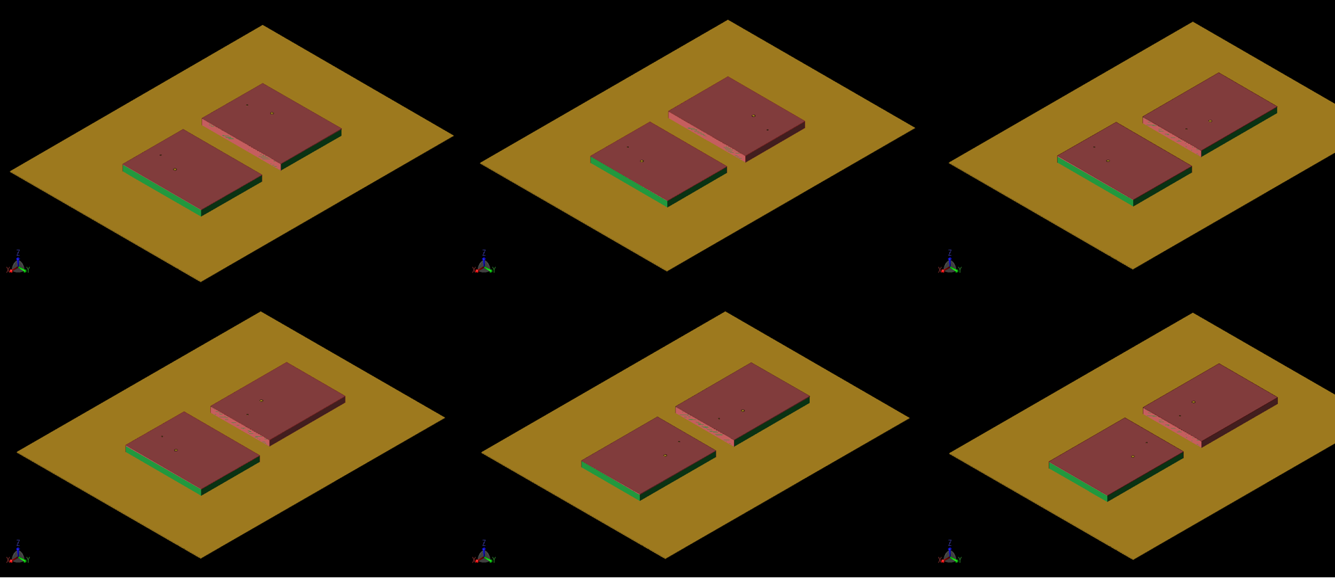 Figure 11: Six configurations of a 1x2 MIMO array were evaluated for performance. In each case, the separation between antenna elements is 10 mm and a shorted side is always facing the adjacent element. The configurations are labeled a, b, and c across the top row and d, e, and f across the bottom. In each case there is some rotation of the elements to change the location of the feed points and the shorting walls.