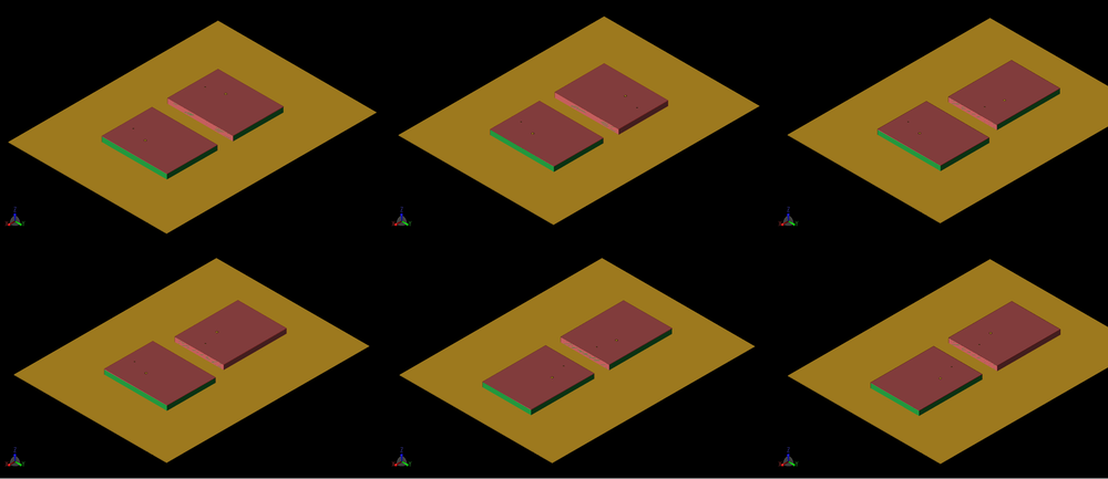 Figure 11: Six configurations of a 1x2 MIMO array were evaluated for performance. In each case, the separation between antenna elements is 10 mm and a shorted side is always facing the adjacent element. The configurations are labeled a, b, and c across the top row and d, e, and f across the bottom. In each case there is some rotation of the elements to change the location of the feed points and the shorting walls.