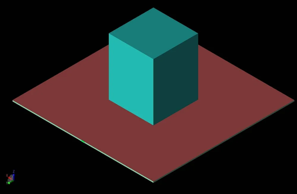 Figure 1: A three-dimensional CAD view of the antenna geometry is shown with the dielectric resonator block visible at the center of the ground plane.
