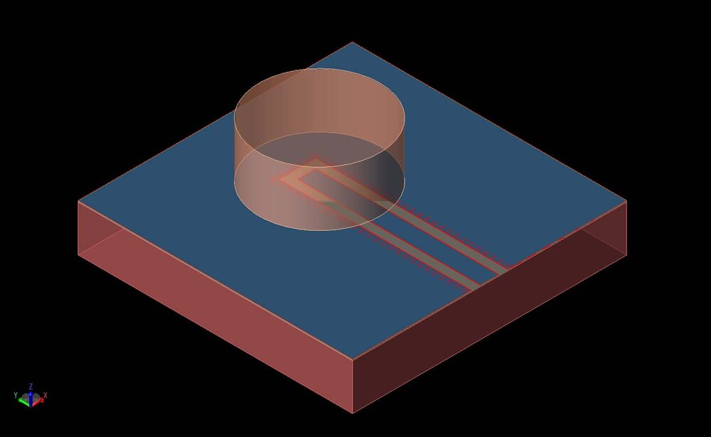 Figure 1: A three-dimensional view of the on-chip dielectric resonator antenna is visible as a CAD drawing. The cylindrical resonator is shown above the co-planar waveguide feed. The silicon base layer is at the bottom.