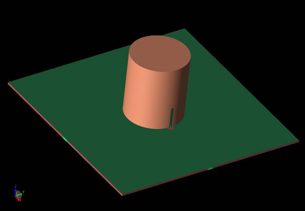 Figure 1: A three-dimensional CAD view of the antenna geometry shows the DRA cylinder with coaxial probe feed, and the two input ports at the left and right of the substrate are shown in light green. The second port is fed by a coupled slot in the ground plane.