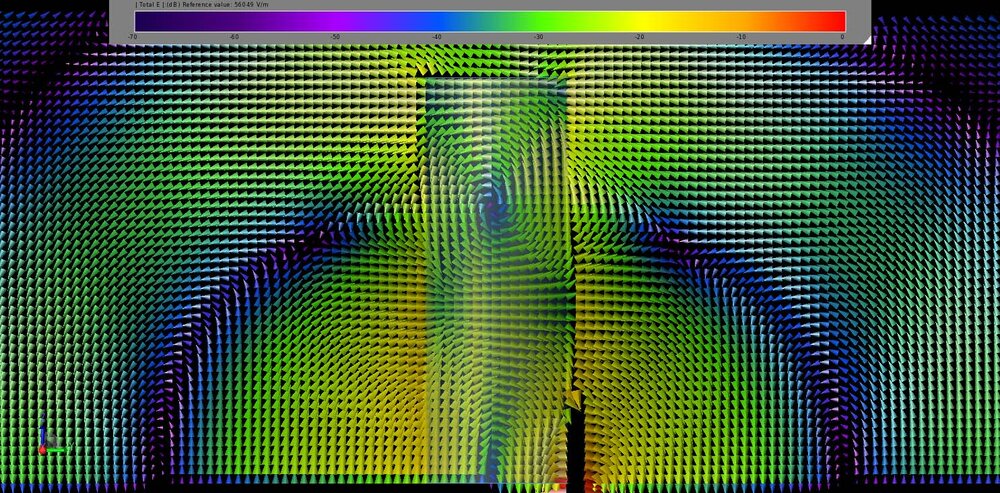Figure 3: The steady state electric field distribution in and around the DRA at 25 GHz displays the lower HEM113 mode of the antenna.