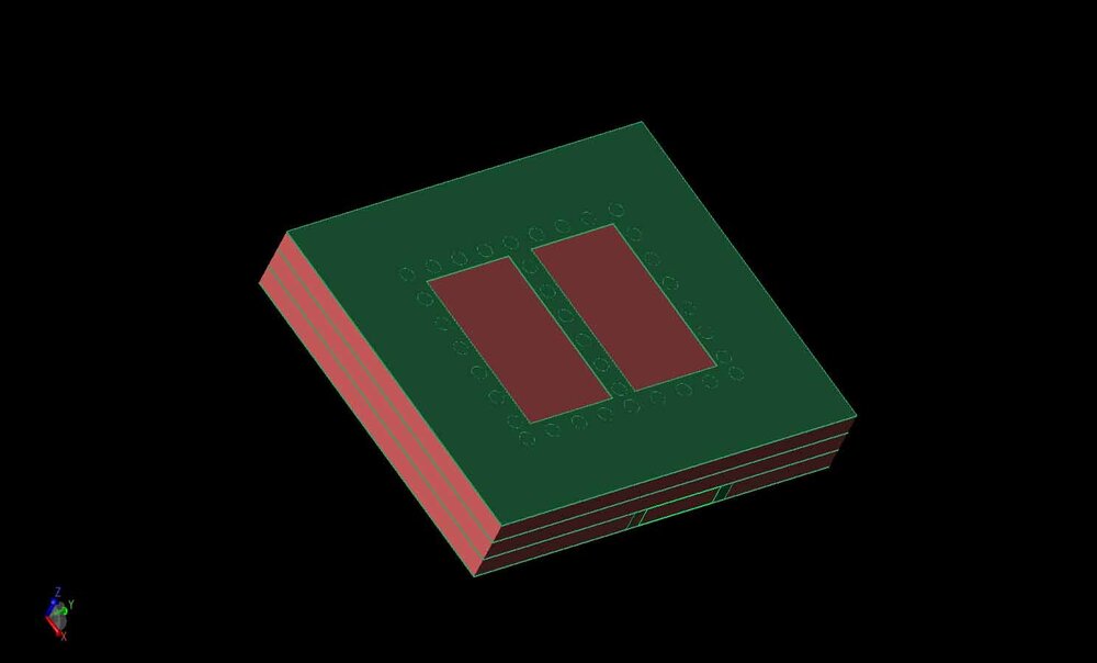 Figure 1:&nbsp; A three-dimensional CAD rendering of the SIC excited 2x2 antenna element is shown with metal layers in green and LTCC layers in red.